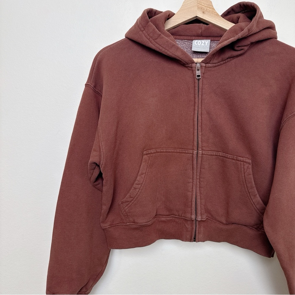 Aritzia TNA Womens Xsmall Cozy Fleece Perfect Zip-Up Hoodie in Cognac - Picture 3 of 11
